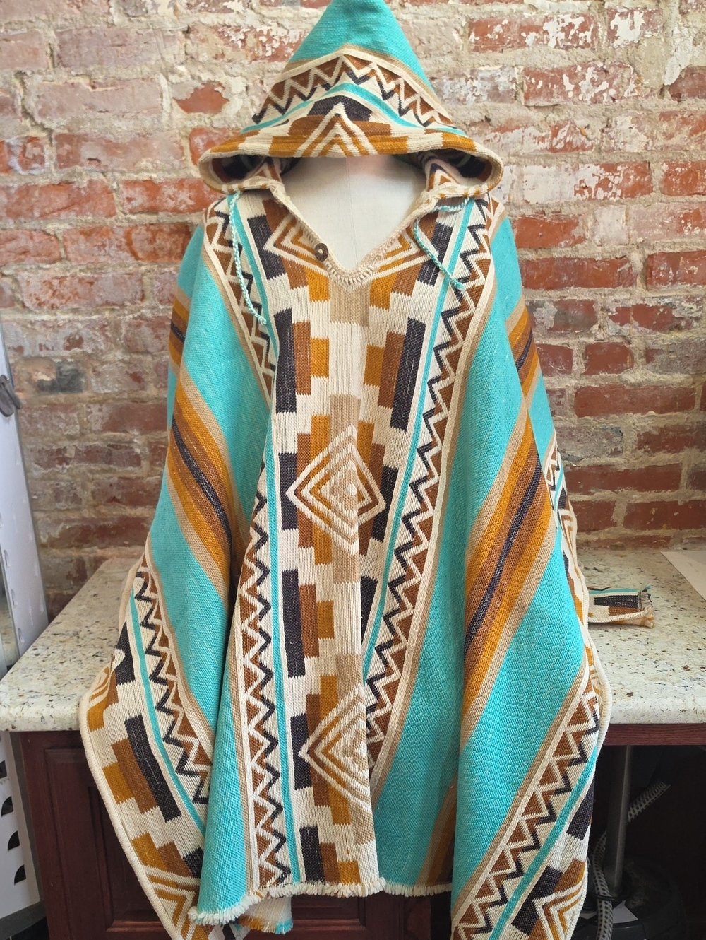Turquoise & Tan Aztec Hooded Poncho - Bohemian Home Accent - 1617